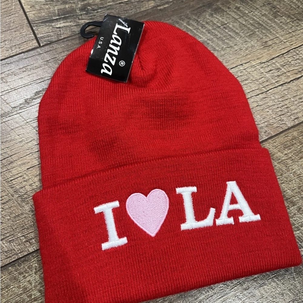 NWT Vintage Y2k I ❤️ LA Embroidered Beanie Hat Red One Size - Los Angeles, 90s - Picture 2 of 4